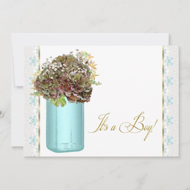 Vintage Hydrangea Mason Jar Baby Boy Shower Invitation (Front)