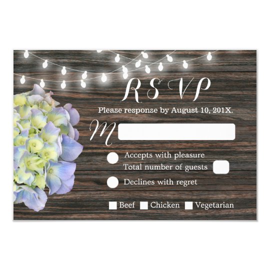 Vintage Hydrangea String Lights Barn Wood RSVP Card