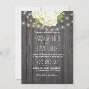 Vintage Hydrangea String Lights Barn Wood Wedding Invitation