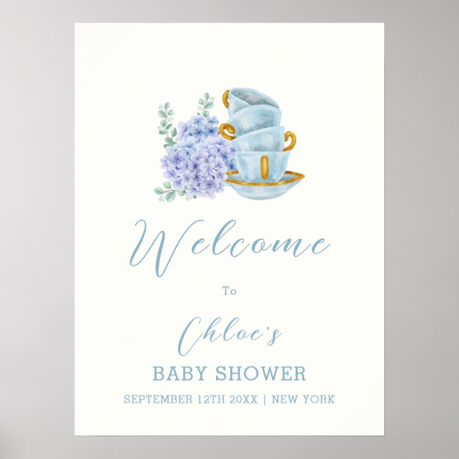 Vintage Hydrangea Tea Brewing Baby Shower Welcome Poster (Front)