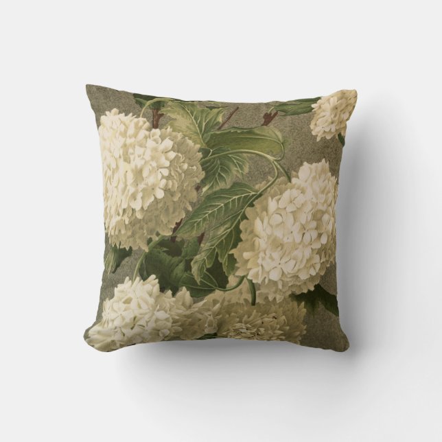 Vintage Hydrangea, White Green and Grey Floral Throw Pillow (Front)