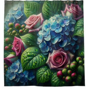 “Vintage Hydrangeas and Roses with Raindrops"