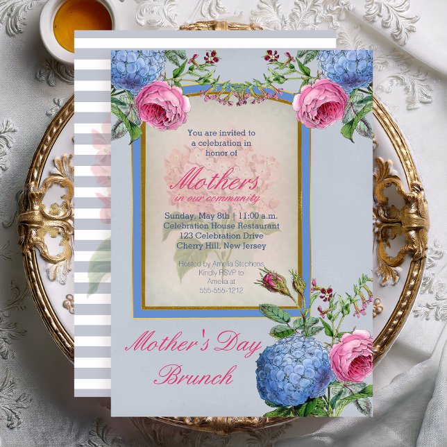 Vintage Hydrangeas Pink | Blue Mother's Day Brunch Invitation (Vintage Blue Hydrangeas and Pink Peonies Mother's Day Brunch Invitation - Print | Download)