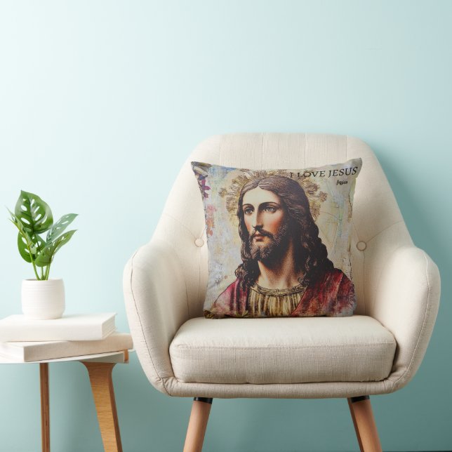 Vintage I Love Jesus Personalized name  Throw Pillow (Chair)