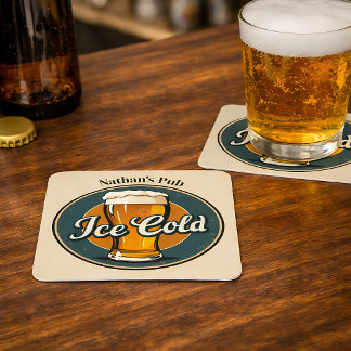 Vintage Ice Cold Beer Custom Name or Text Square Paper Coaster