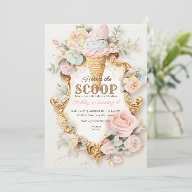 Vintage ice cream cone, Pink ice cream Invitation (Standing Front)