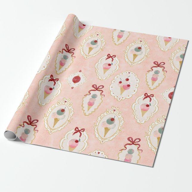 Vintage Ice Cream Delight Pattern Wrapping Paper (Unrolled)