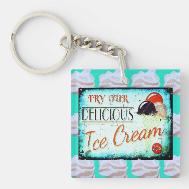 Vintage ice cream parlour sign turquoise white keychain (Front)