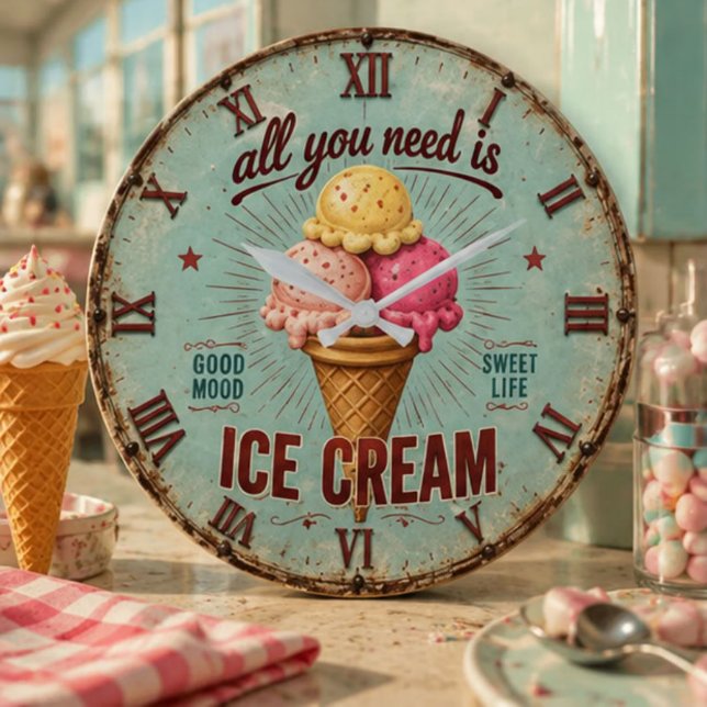 Vintage Ice Cream Retro Kitchen  Large Clock (Creator Uploaded)