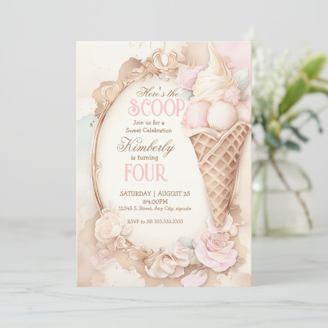 Vintage ice cream social blush ice cream invitation (Standing Front)