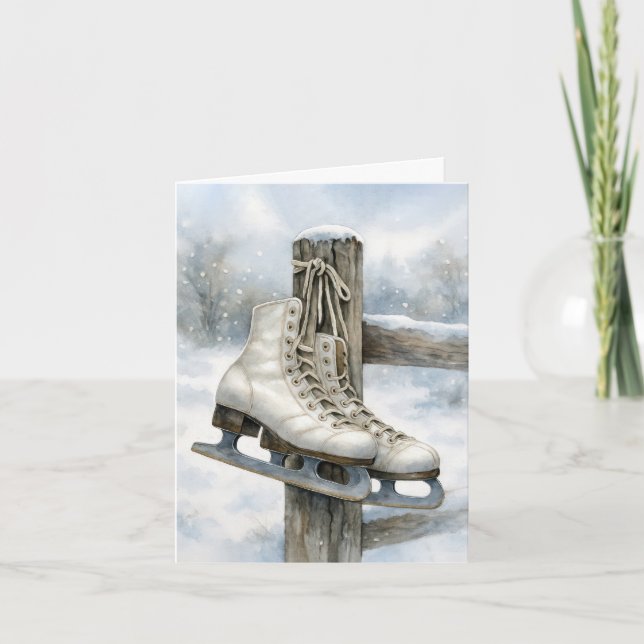 Vintage Ice Skates On Fence Post Card (Front)