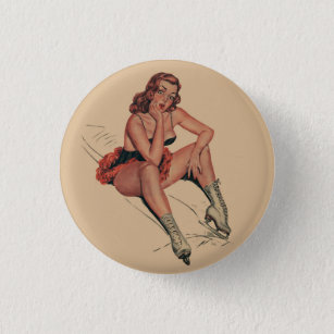  Vintage Ice Skating pin up girl   Button
