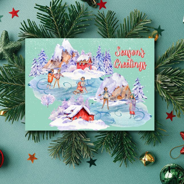 Vintage Ice Skating Winter Scene Christmas Holiday Card (Creator Uploaded)