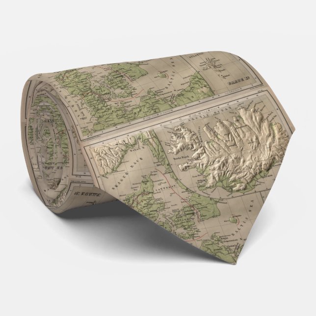 Vintage Iceland and Denmark Physical Map (1880) Tie (Rolled)