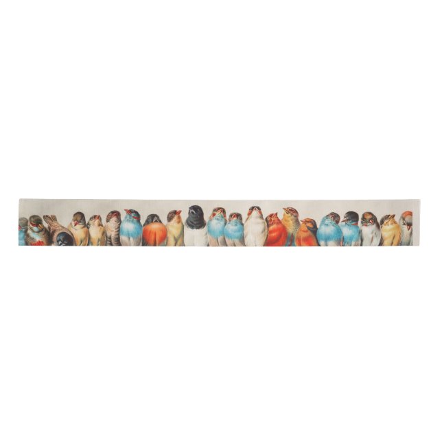 Vintage Illustrated Birds Sitting on Perch Satin Ribbon (Front)