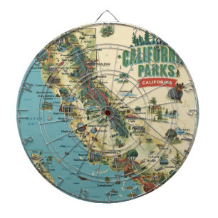 Vintage Illustrated California Parks Map Art Dartboard