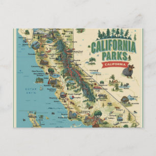Vintage Illustrated California Parks Map Art Holiday Postcard