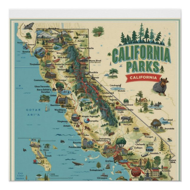Vintage Illustrated California Parks Map Art Poster (Front)