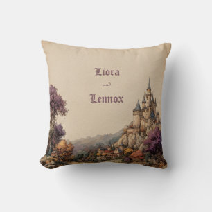 Vintage Illustrated Castle Village Purple Autumn Throw Pillow
