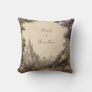 Vintage Illustrated Castle Village Purple Tree Throw Pillow