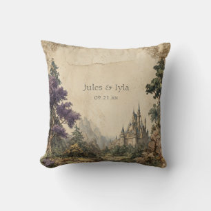Vintage Illustrated Castle Woodland Valley Wedding Throw Pillow