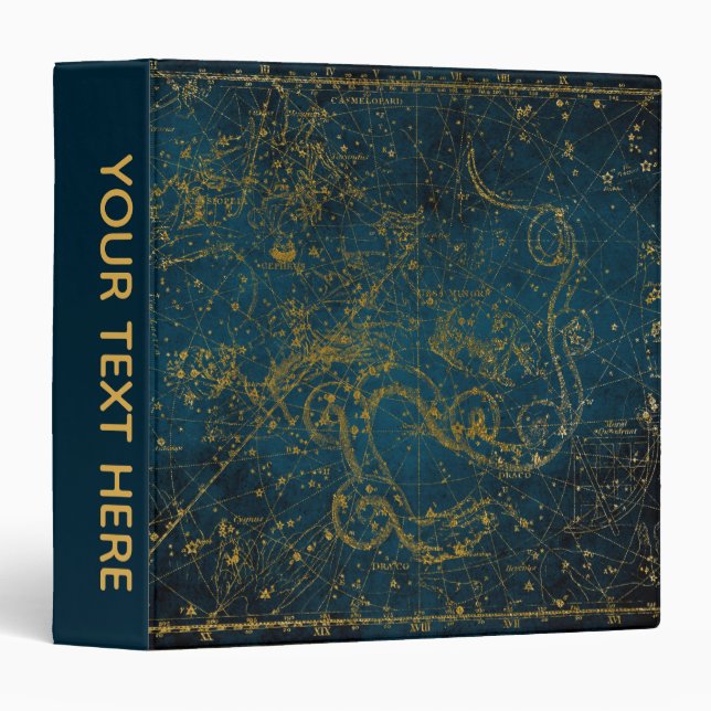 Vintage Illustrated Dark Blue & Gold Star Map Binder (Front/Spine)
