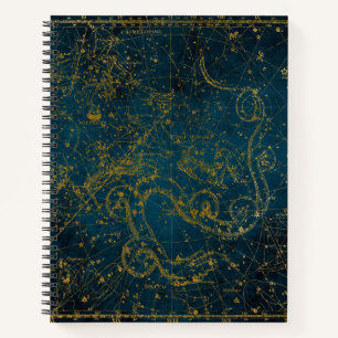 Vintage Illustrated Dark Blue & Gold Star Map Notebook