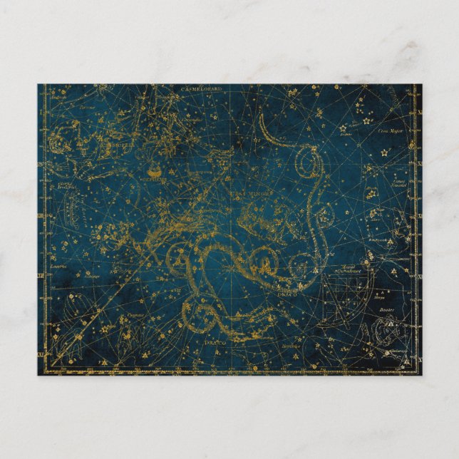 Vintage Illustrated Dark Blue & Gold Star Map Postcard (Front)