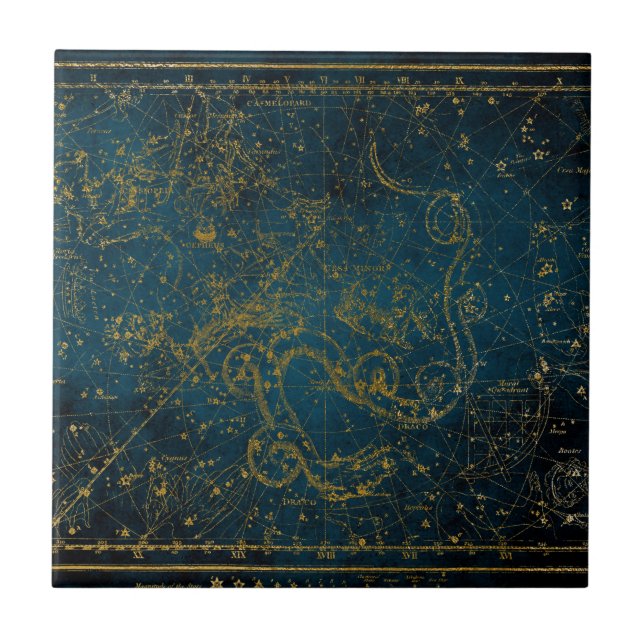 Vintage Illustrated Dark Blue & Gold Star Map  Tile (Front)