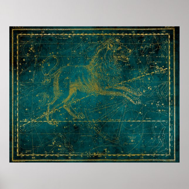 Vintage Illustrated Green & Gold Lion Star Map Poster (Front)
