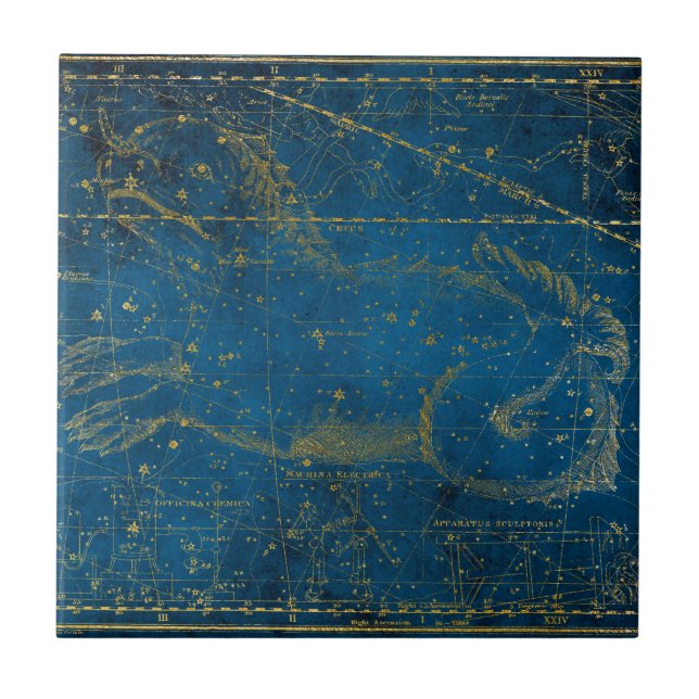 Vintage Illustrated Mid Blue & Gold Star Map Tile (Front)