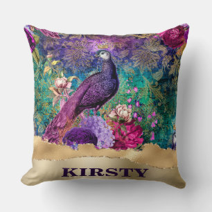 Vintage Illustrated Peacock and Flowers Grunge Throw Pillow