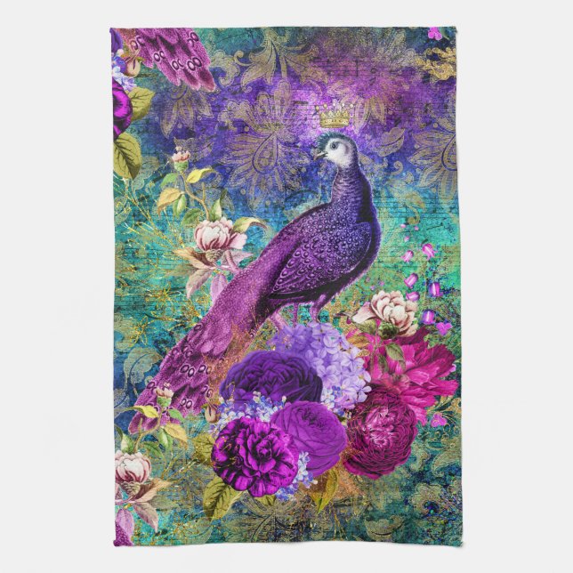 Vintage Illustrated Peacock Grunge Pattern Kitchen Towel (Vertical)