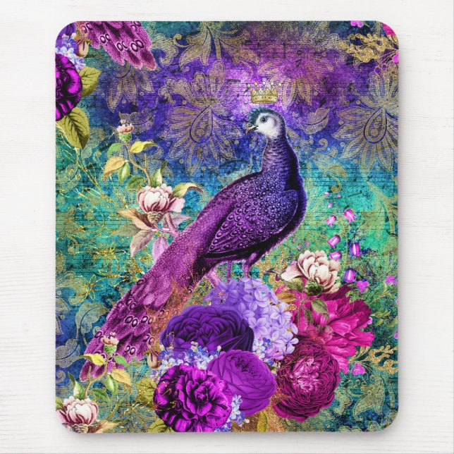 Vintage Illustrated Peacock Grunge Pattern Mouse Pad (Front)