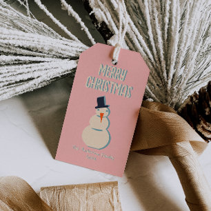 Vintage Illustrated Pink Merry Christmas Snowman  Gift Tags