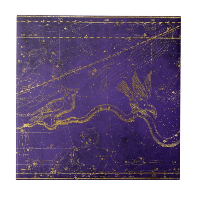 Vintage Illustrated Purple & Gold Star Map Tile (Front)