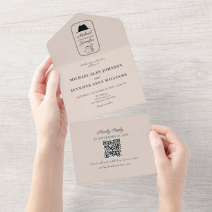 Vintage Illustrated QR Code Wedding All In One Invitation