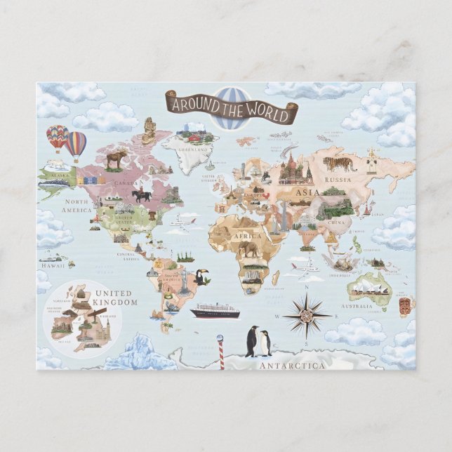 Vintage Illustrated World Map Holiday Postcard (Front)