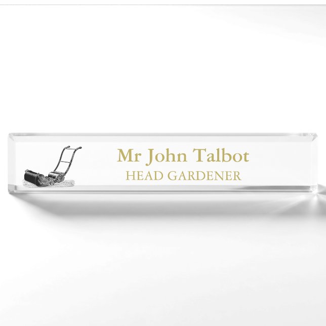 VINTAGE ILLUSTRATION British Lawn Mower Desk Name Nameplate (Front)