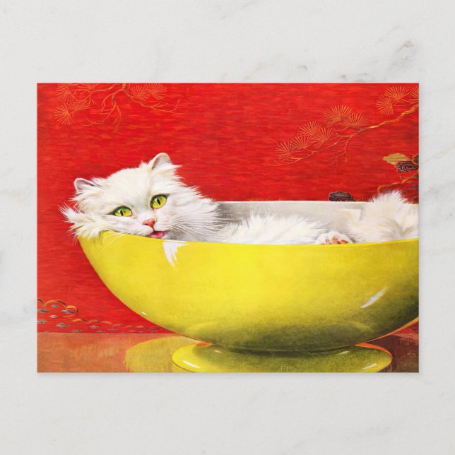 Vintage Illustration Cat In Yellow Bowl Postcard (Front)