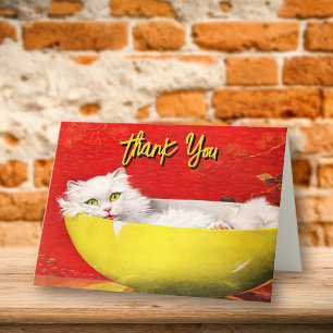 Vintage Illustration Cat In Yellow Bowl Thank You
