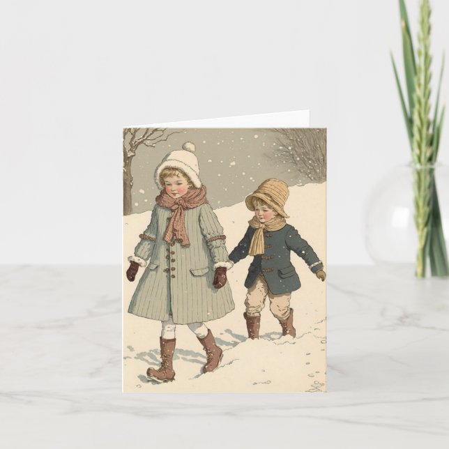 Vintage illustration children Christmas card  (Front)
