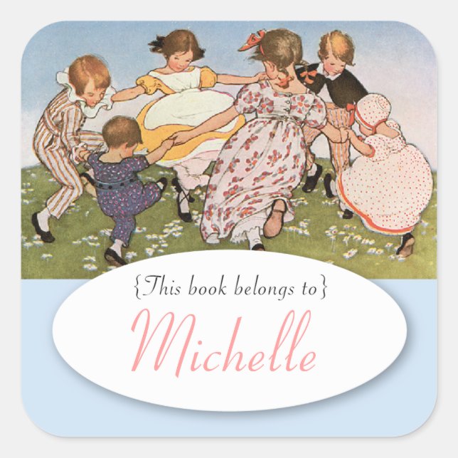 Vintage illustration children's bookplate square sticker (Front)