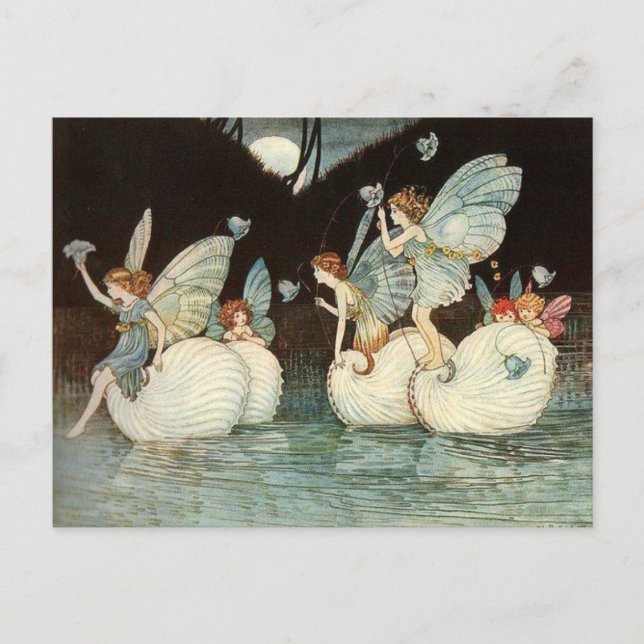 Vintage Illustration Fairies at Night Postcard (Front)