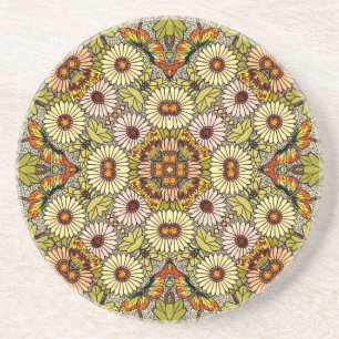 Vintage Illustration Flowers Butterflies Pattern Coaster