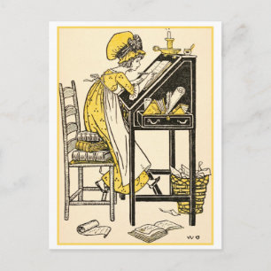 Vintage Illustration of a Girl Writing Postcard