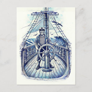 Vintage Illustration of a Sailor at the Helm Postcard
