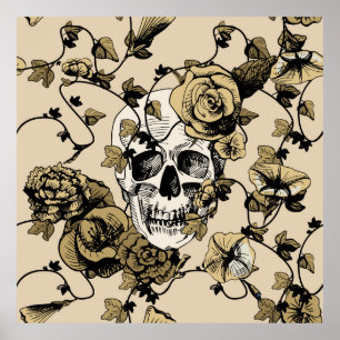 vintage illustration of a skull surrounded and cov poster