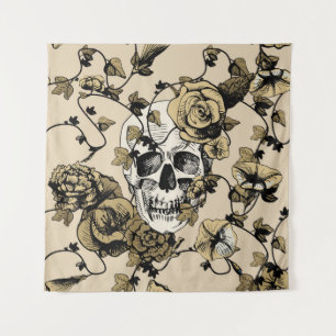 vintage illustration of a skull surrounded and cov tapestry