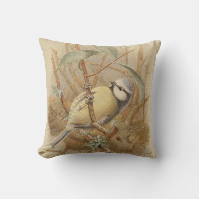 Vintage Illustration of Bluetit Throw Pillow (Front)